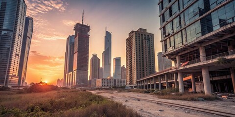 Fototapeta premium Futuristic Glass Skyscrapers Sunset Cityscape - Optimistic Urban Exploration Stock Photo