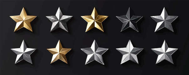 Vector metallic star set: gold and silver decorative stars on black background.