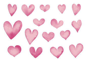 水彩風　ピンクな手描きハートセット