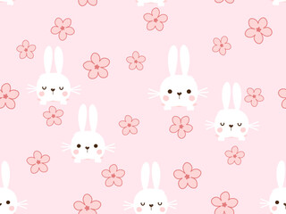 Seamless pattern with bunny rabbit in the hole and cute flower on pink background vector.