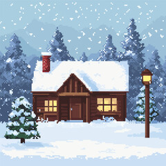 Fototapeta premium Cozy winter cabin vector amid snowy forest scene with falling snow.