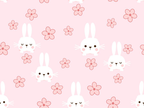 Seamless pattern with bunny rabbit in the hole and cute flower on pink background vector.