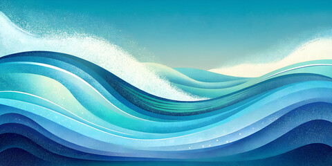 Stylized Ocean Waves in Vivid Shades of Blue and Turquoise, grain style illustration
