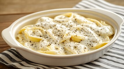 Creamy tortellini with alfredo sauce and black pepper in a shallow dish.