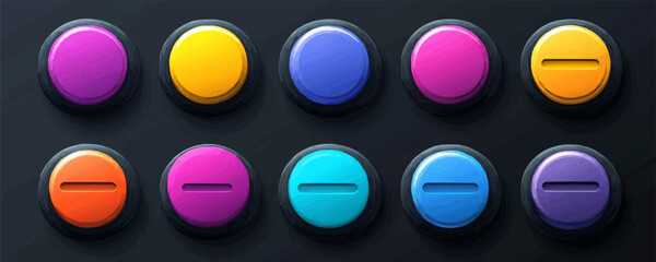 Vector colorful buttons on dark background for game design.