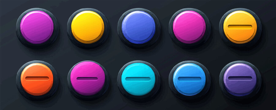 Vector colorful buttons on dark background for game design.