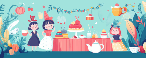Fototapeta premium Festive tea party vector art with whimsical characters and treats.