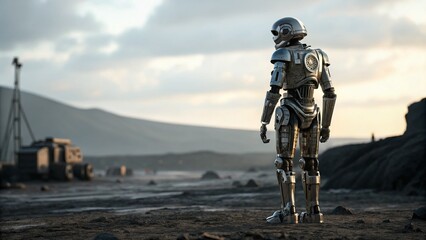 Naklejka premium Futuristic Robot Droid Posing, Rule of Thirds Composition