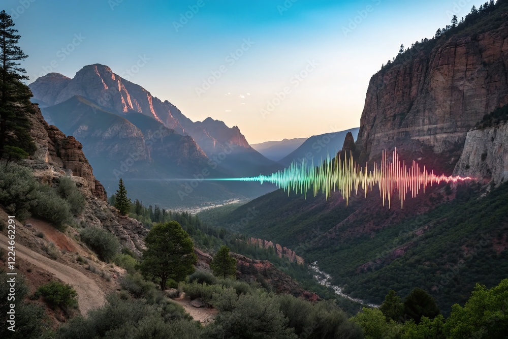 Poster futuristic sound wave visualization: abstract audio waveforms on transparent background - stock phot