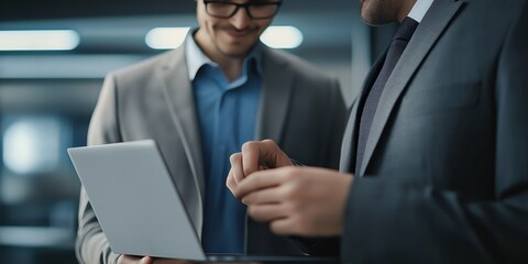 Two business colleagues confer over a laptop