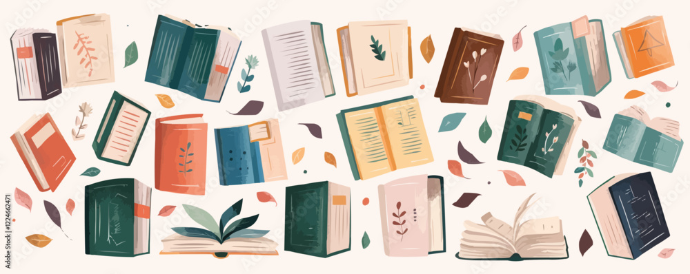 Poster books and leaves pattern vector design with open and closed books.