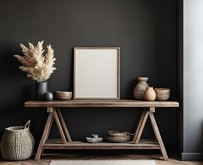 A minimalist home office design with a black wall featuring a blank canvas mockup, a warm wooden console table below adorned with stylish decor pieces, and a clean, modern vibe