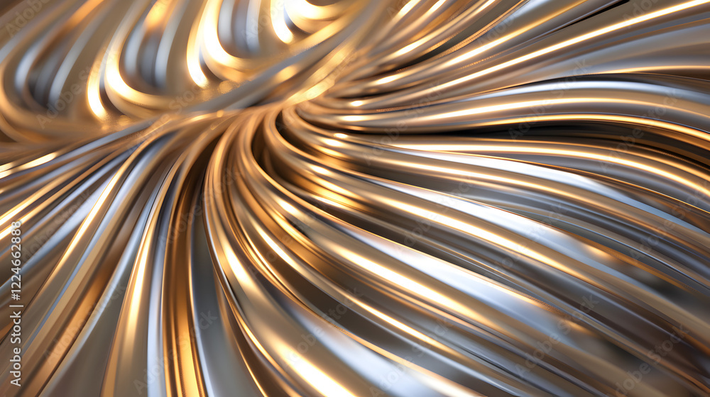 Poster a swirling pattern of metallic textures reflecting light in a dynamic, abstract design.