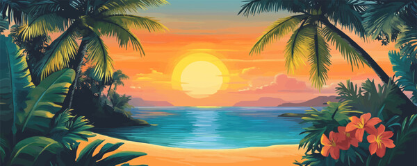 Tropical sunset vector scene with beach and palm trees.