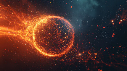 Obraz premium A vibrant background showing a 3D glowing sphere with interconnected lines and small digital particles floating in a dark space.