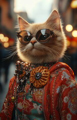 A stylish and adorable cat dressed in an elegant carnival costume, wearing trendy sunglasses and a floral-patterned outfit with decorative buttons and a bow, soft fur texture, vibrant colors