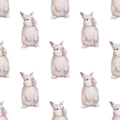 Chubby, fluffy rabbits, hares. Watercolor Seamless pattern. Animals, pets in delicate colors. Kid's style. Design for children's textiles and rooms, stickers and packaging, postcard and wallpaper. 
