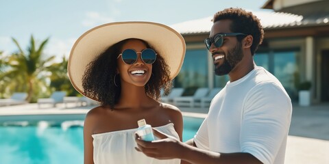 Happy Couple Enjoying a Sunny Day by the Poolside with Sunscreen