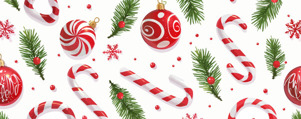 Vector christmas pattern with candy canes and ornaments.