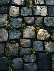 Obraz premium A texture of cobblestones with moss growing between the gaps.