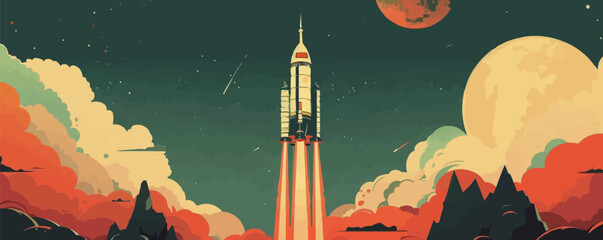 Retro space vector: rocket launching amidst colorful cosmos.