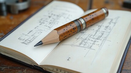 Unique handcrafted pencil resting on open sketchbook with technical drawings.