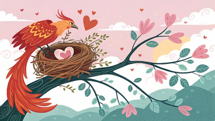 This is a charming and whimsical illustration featuring a vibrant phoenix perched beside a nest on a tree branch. The nest contains a single egg with a heart design on it. 