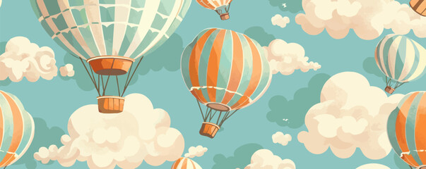 Vector design of colorful hot air balloons in a cloudy sky.