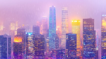 Obraz premium Cityscape at dusk, rain, purple mood. For backgrounds