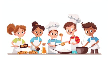 A cartoon illustration of children baking cookies and cooking.