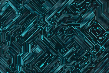 Abstract close-up of a glowing blue digital circuit board, showcasing intricate connections and technological design on a black background.
