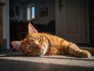 Ginger Cat Low Light Photography: Sideways Gaze, Cozy Pet Portrait