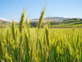 Golden wheat sways gently in the breeze under a bright blue sky