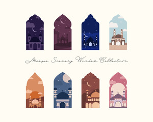 Set of arched windows with mosque&rsquo;s view on white background
