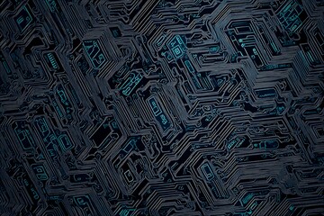 Abstract close-up of a glowing blue digital circuit board, showcasing intricate connections and technological design on a black background.
