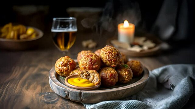 Portion of bitterballen with a glass of beer on a wooden table