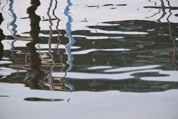 A reflection of plant twigs on water surface for background backdrop with wet and zigzag pattern 