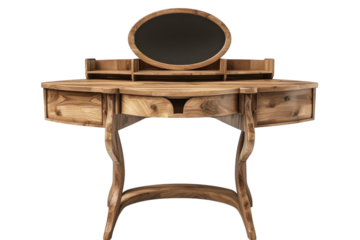 Elegant wooden vanity table with a round mirror and curved legs, showcasing stylish craftsmanship and natural wood finish in serene indoor lighting isolated on transparent background