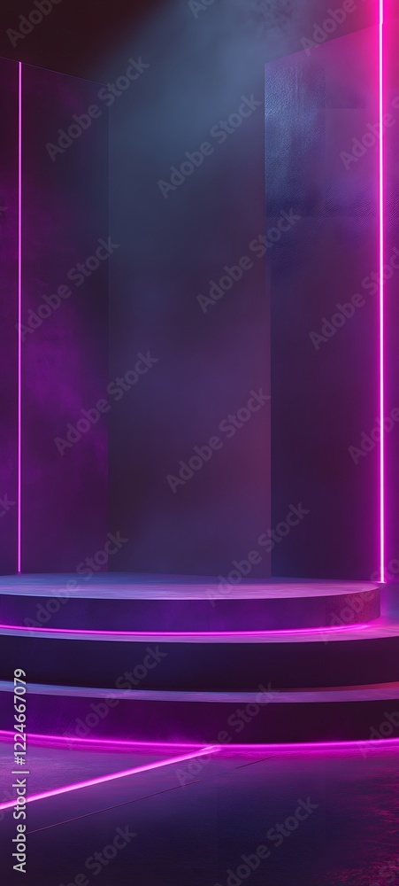 Poster a podium with a soft metallic finish, set in a dark room with neon lines tracing the podium's edges 