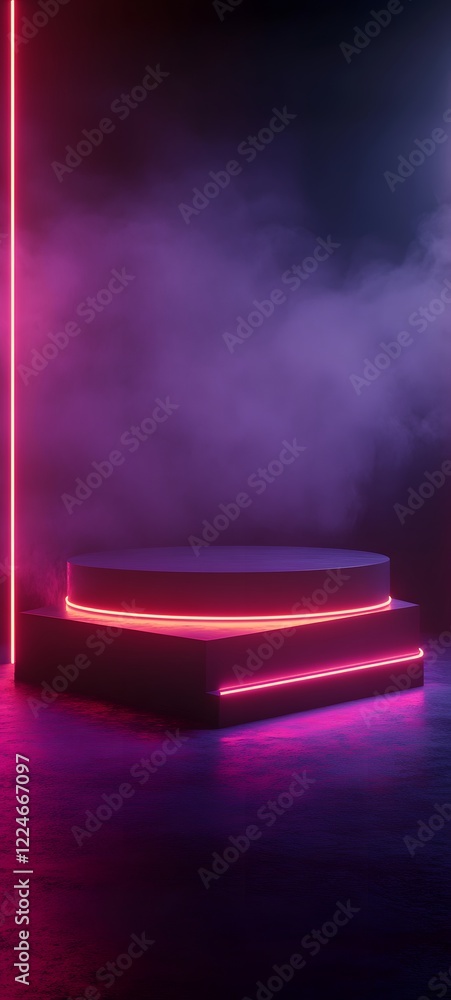 Aufkleber a podium with a soft metallic finish, set in a dark room with neon lines tracing the podium's edges 