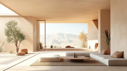 Fototapeta premium Cozy Living Room with Spacious Large Window Illuminating Comfortable Couch Surrounded by Stylish Decor and Warm Atmosphere Creating an Inviting and Relaxing Home Environment for Gatherings