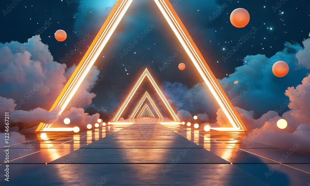 Poster neon triangle pathway in cosmic cloudscape; futuristic scene