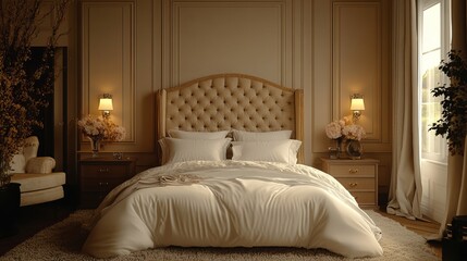 Elegant and Cozy Bedroom Featuring a Luxurious White Comforter on a Plush Bed Surrounded by a Soft White Rug Creating a Serene and Inviting Atmosphere for Relaxation and Rest