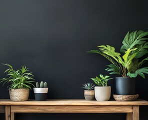 Fototapeta premium A minimalist room with a black wall as a backdrop, a blank canvas mockup in focus, a wooden console table below with decor such as pottery and plants, showcasing a modern home office vibe