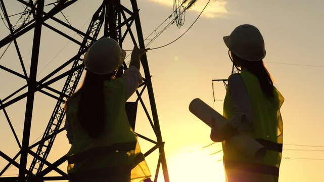 silhouette electrician engineer laptop, group people deal, handshake business teamwork, digital computer, construction, engineer work concept, large electric tower, silhouette engineer hardhat