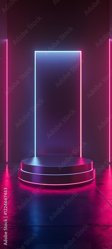 Aufkleber a podium with a soft metallic finish, set in a dark room with neon lines tracing the podium's edges 