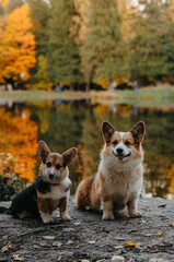 Two cute corgi dogs is sitting peacefully near pond in the autumn park