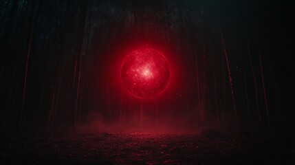Eerie Red Orb in Dark Forest at Night