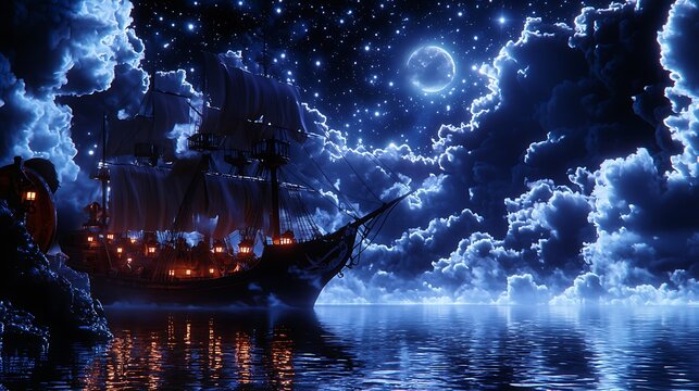 A classic pirate ship with full sails, navigating moonlit waters, dramatic clouds partially obscuring the stars, soft glow from lanterns onboard, adventurous and mysterious mood