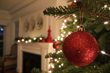 Glowing Red Christmas Ornament Close-Up on Tree Branch - Festive Holiday Decoration
